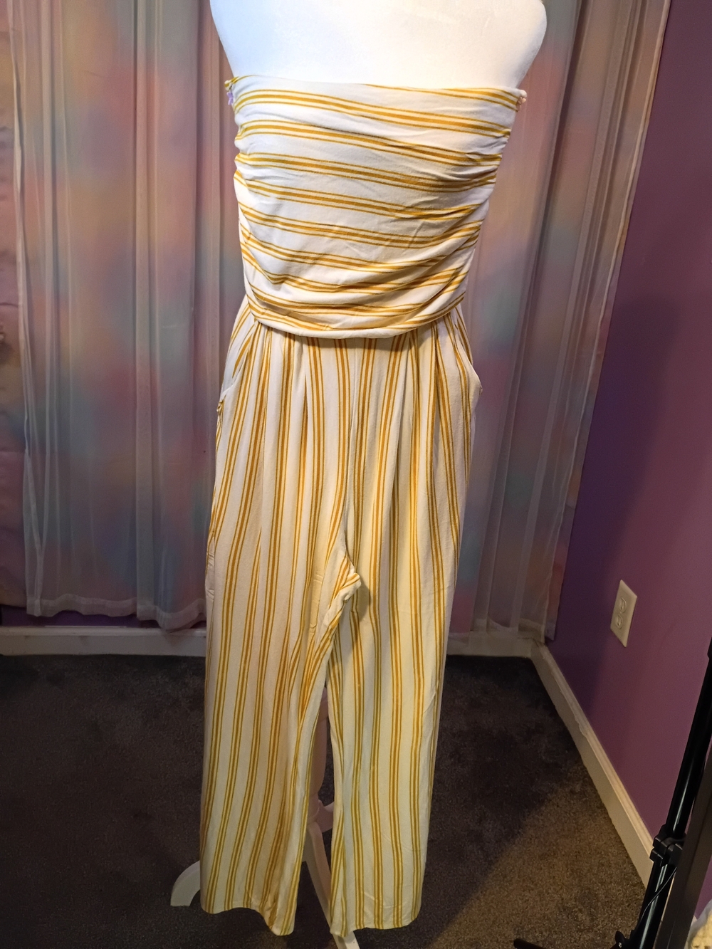 Heart & Hips Yellow White Striped Strapless Wide-Leg Dressy Jumpsuit Size Large